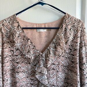 Calvin Klein Ruffle Blouse Long Sleeve Beige Snake Print Size XL